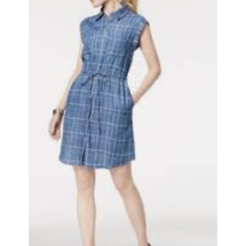 Style & Co Sz XL Chambray Split Neck Printed Shirtdress Blue White Pockets New